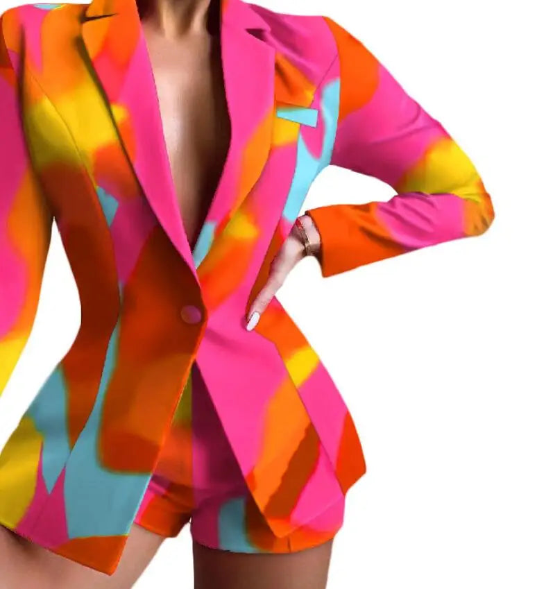 New Fashionable Printed Casual Long Sleeved Turn-down Slim Fit Single Button Jacket + Shorts Set For Women,5 Colors