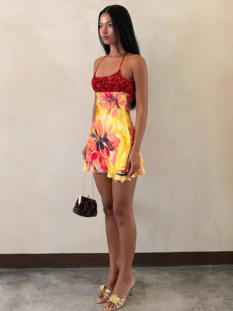 Kliou Shiny Sequins Mini Dress Woman Summer Trend Flower Print Halter Low-Neck Backless Vacation Beach Party Elegant Bodycon