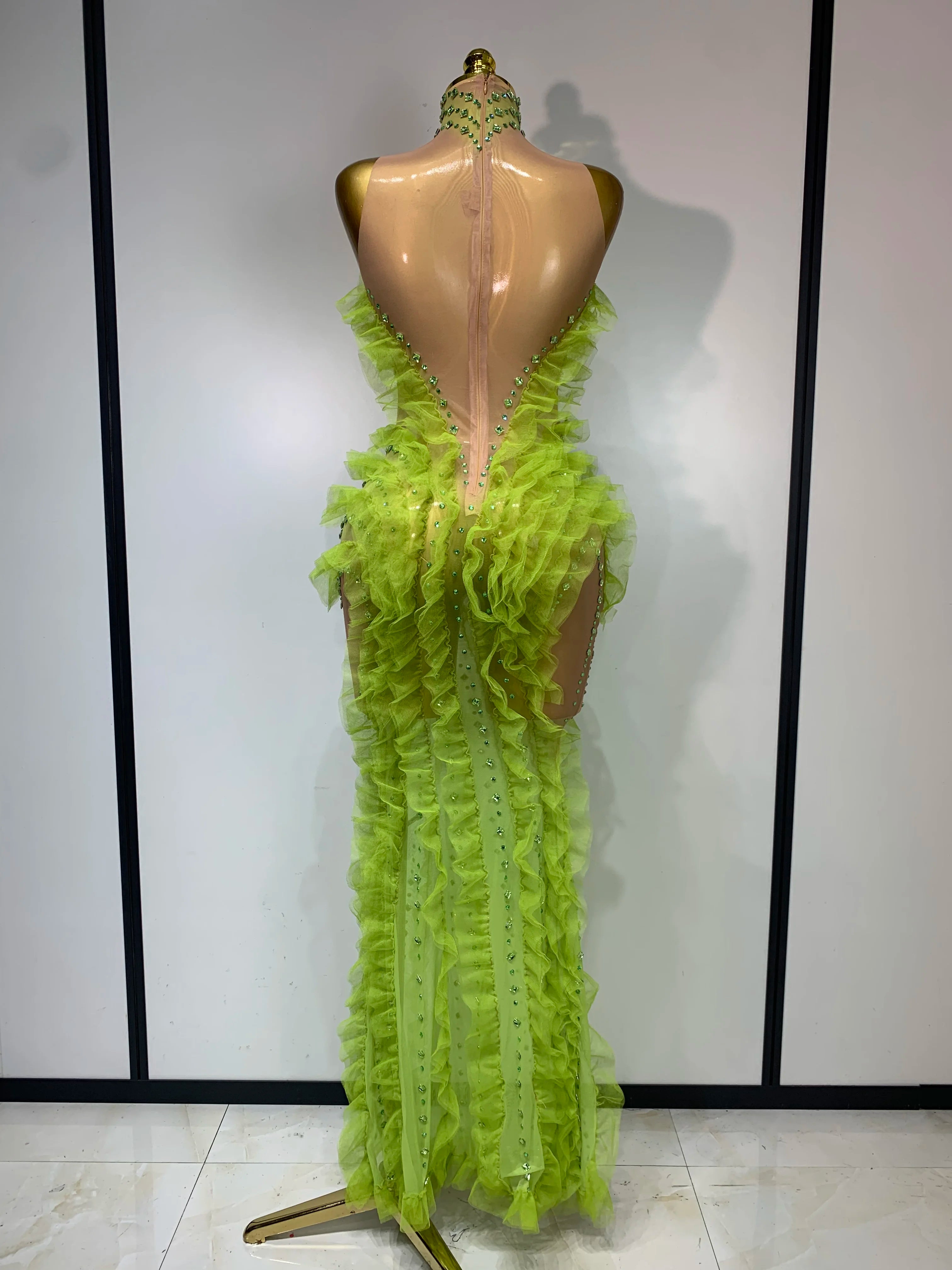 Women Sexy Mesh Ruffles Sparkly Diamonds Bodycon Maxi Long Dress Evening Party Costume Bar Nightclub Stage Performance Outfit