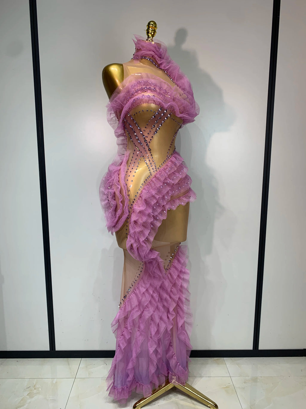 Women Sexy Mesh Ruffles Sparkly Diamonds Bodycon Maxi Long Dress Evening Party Costume Bar Nightclub Stage Performance Outfit