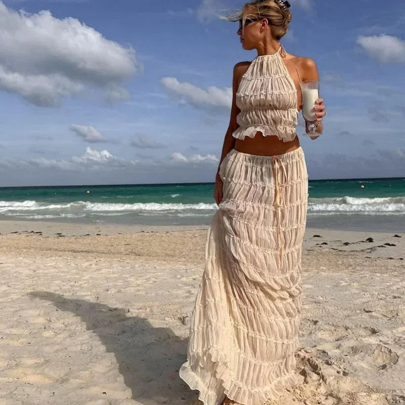 Halter Neck Long Skirt Suit Women Summer Party Beach Backless Sling Top + Lace Up Fold Maxi Skirts 2 Piece Set Female Outfits