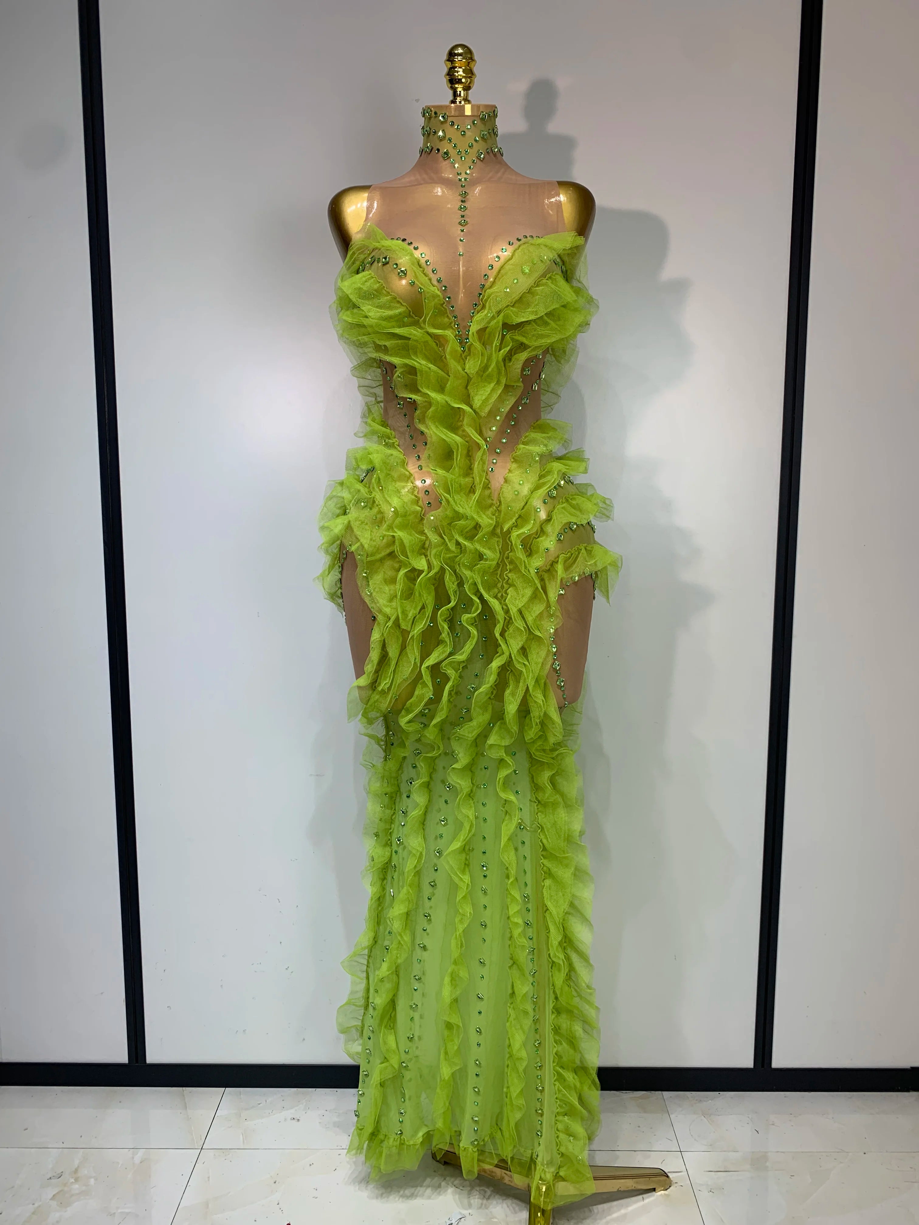 Women Sexy Mesh Ruffles Sparkly Diamonds Bodycon Maxi Long Dress Evening Party Costume Bar Nightclub Stage Performance Outfit