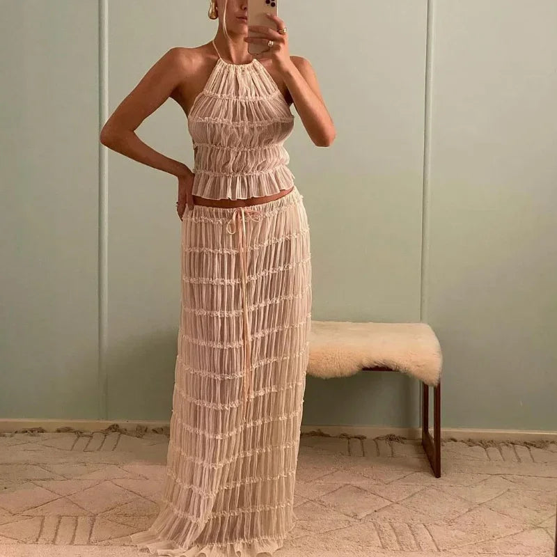 Halter Neck Long Skirt Suit Women Summer Party Beach Backless Sling Top + Lace Up Fold Maxi Skirts 2 Piece Set Female Outfits