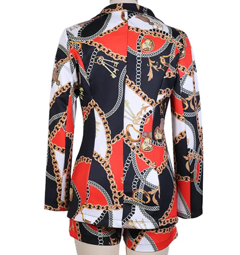 New Fashionable Printed Casual Long Sleeved Turn-down Slim Fit Single Button Jacket + Shorts Set For Women,5 Colors