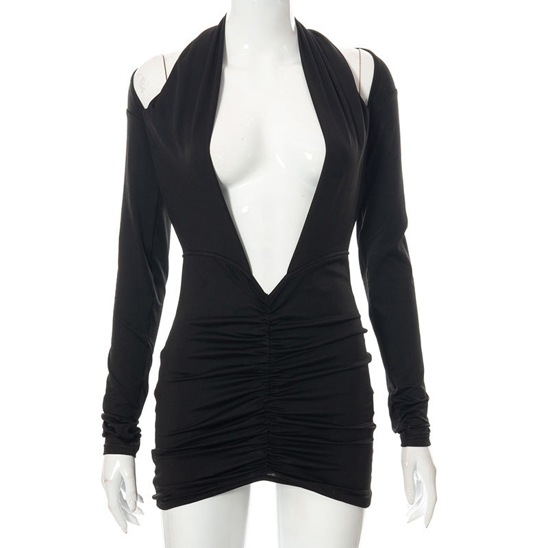 Women Sexy Bodycon Long Sleeve Halter Deep V Neck Backless Pleated Solid Slim Fit Skinny Dress for Cocktail Party