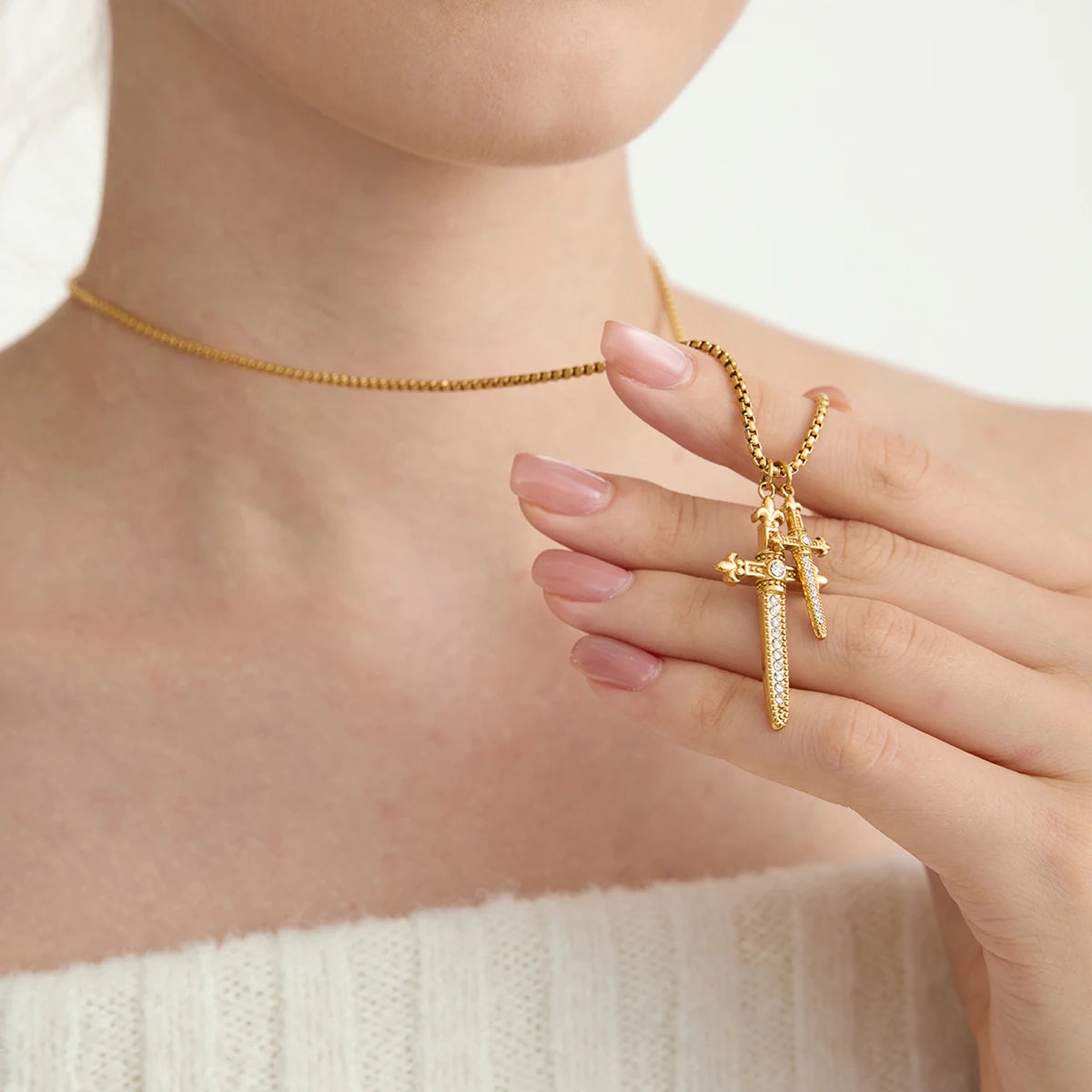 Youthway Crystal Cross Sword Pendant Necklace For Women 18K Gold Plated Stainless Steel Necklace Simple Fashion Jewelry Gift