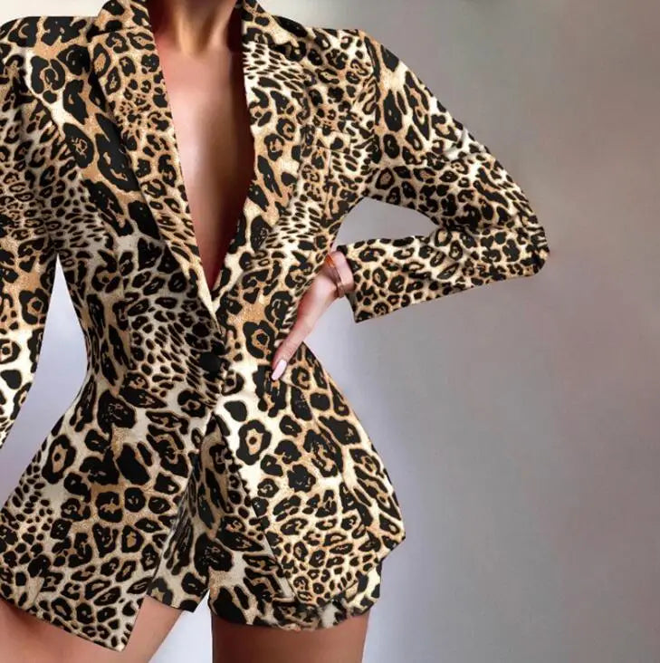 New Fashionable Printed Casual Long Sleeved Turn-down Slim Fit Single Button Jacket + Shorts Set For Women,5 Colors