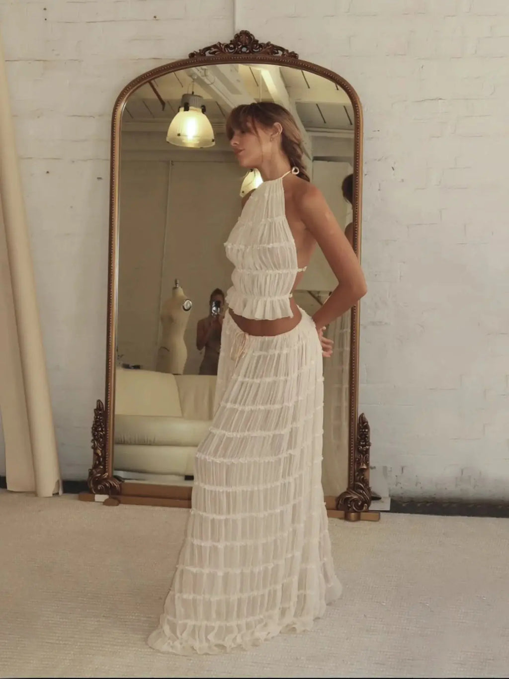 Halter Neck Long Skirt Suit Women Summer Party Beach Backless Sling Top + Lace Up Fold Maxi Skirts 2 Piece Set Female Outfits