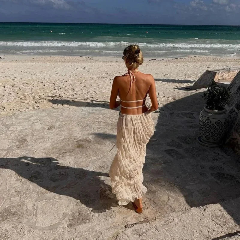 Halter Neck Long Skirt Suit Women Summer Party Beach Backless Sling Top + Lace Up Fold Maxi Skirts 2 Piece Set Female Outfits