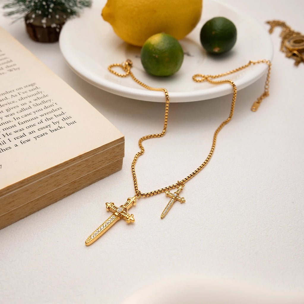 Youthway Crystal Cross Sword Pendant Necklace For Women 18K Gold Plated Stainless Steel Necklace Simple Fashion Jewelry Gift