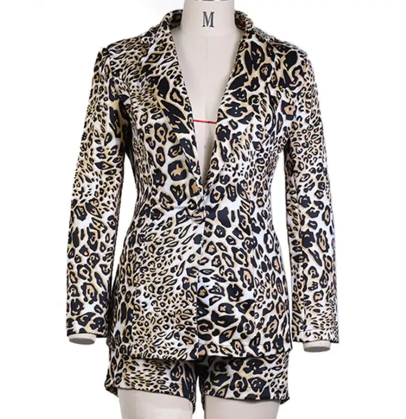 New Fashionable Printed Casual Long Sleeved Turn-down Slim Fit Single Button Jacket + Shorts Set For Women,5 Colors