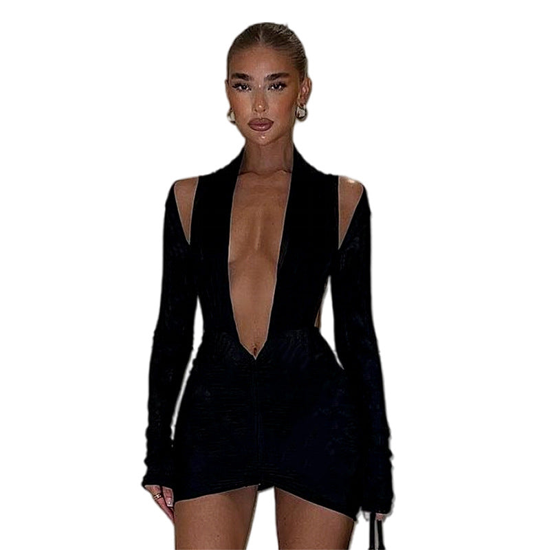 Women Sexy Bodycon Long Sleeve Halter Deep V Neck Backless Pleated Solid Slim Fit Skinny Dress for Cocktail Party