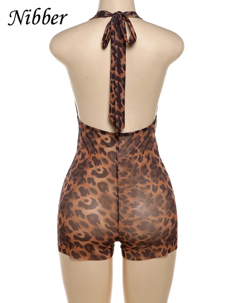 Nibber 2023 Leopard Print Romper Sexy Women See Through Hipster Summer Backless Halter Tight Midnight Clubwear Stretch Playsuits