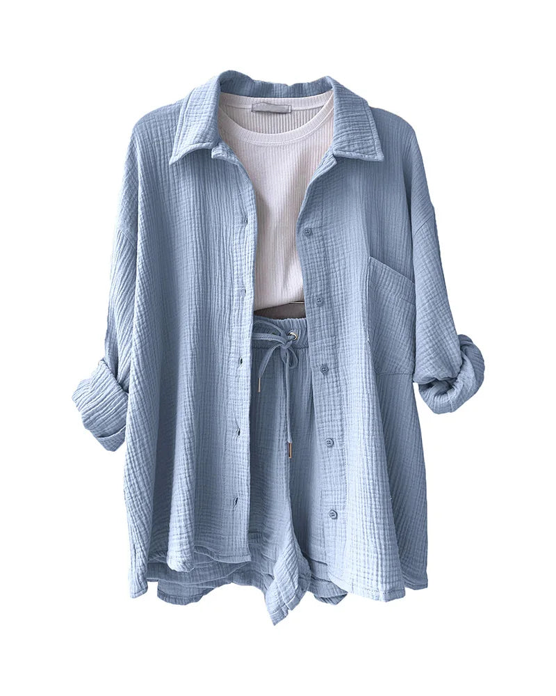 Summer Women's Suit Short Sets Outfits Muslin Suit For Women 2025 Two Piece Female Clothing Solid Button Outfits