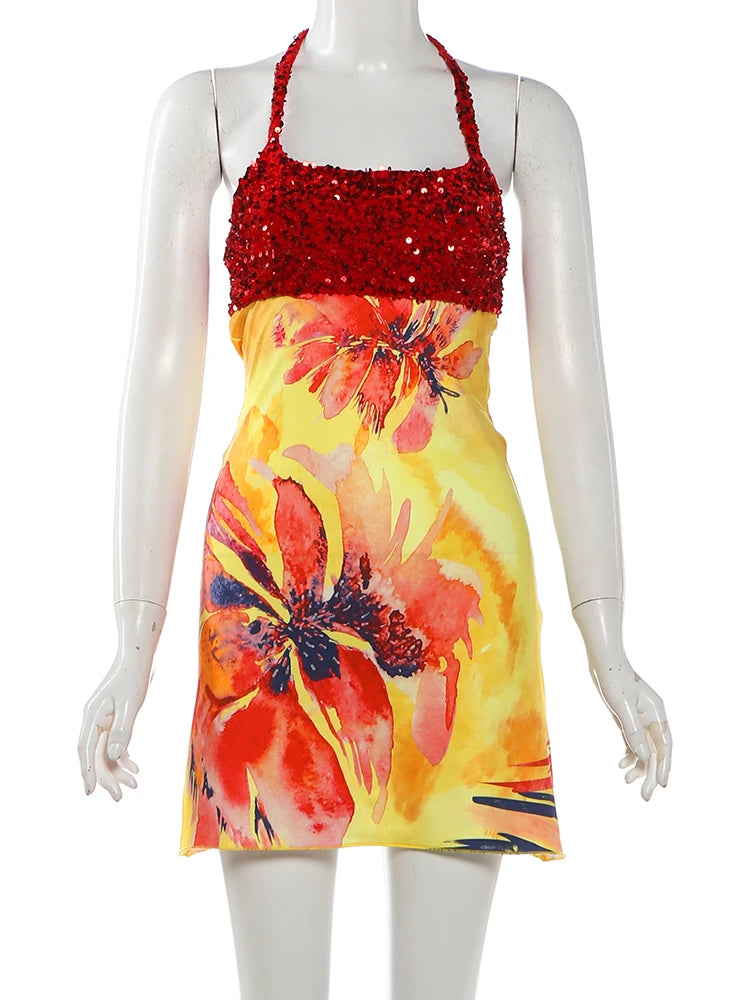 Kliou Shiny Sequins Mini Dress Woman Summer Trend Flower Print Halter Low-Neck Backless Vacation Beach Party Elegant Bodycon