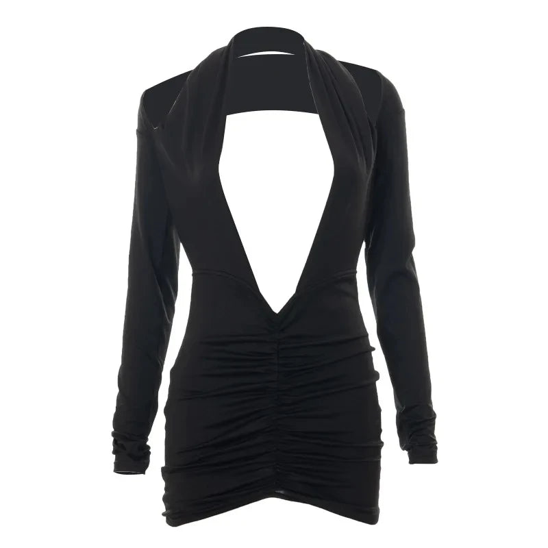 Women Sexy Bodycon Long Sleeve Halter Deep V Neck Backless Pleated Solid Slim Fit Skinny Dress for Cocktail Party
