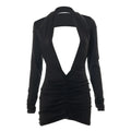 Women Sexy Bodycon Long Sleeve Halter Deep V Neck Backless Pleated Solid Slim Fit Skinny Dress for Cocktail Party